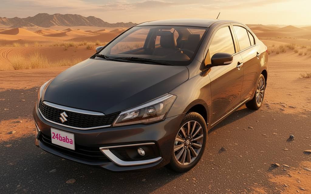 Suzuki Ciaz 2024 Silver front view with headlights – rental in Dubai