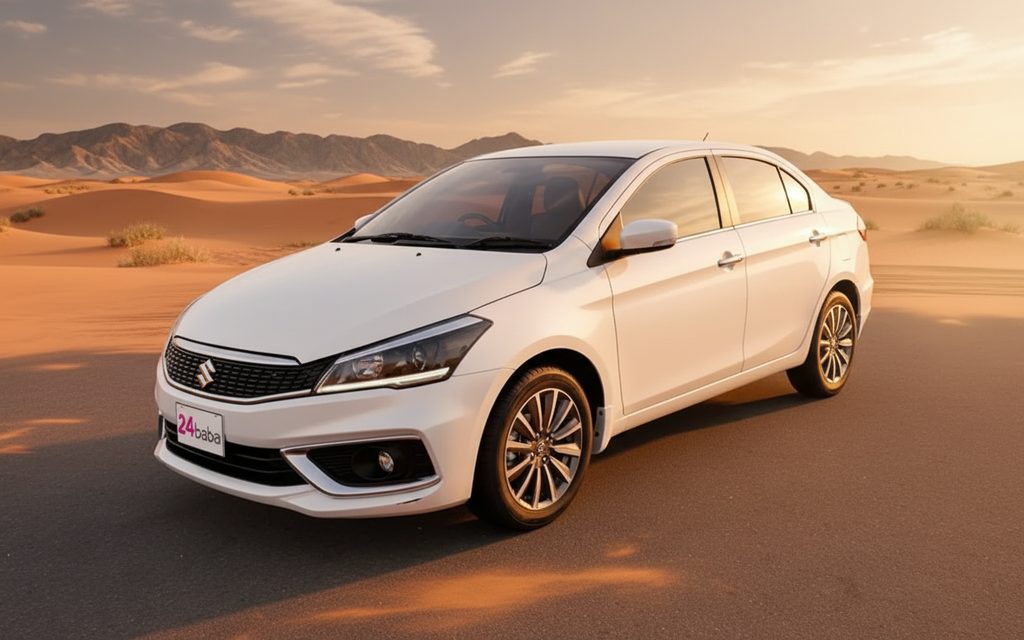 Suzuki Ciaz 2023 White front view with headlights – rental in Dubai