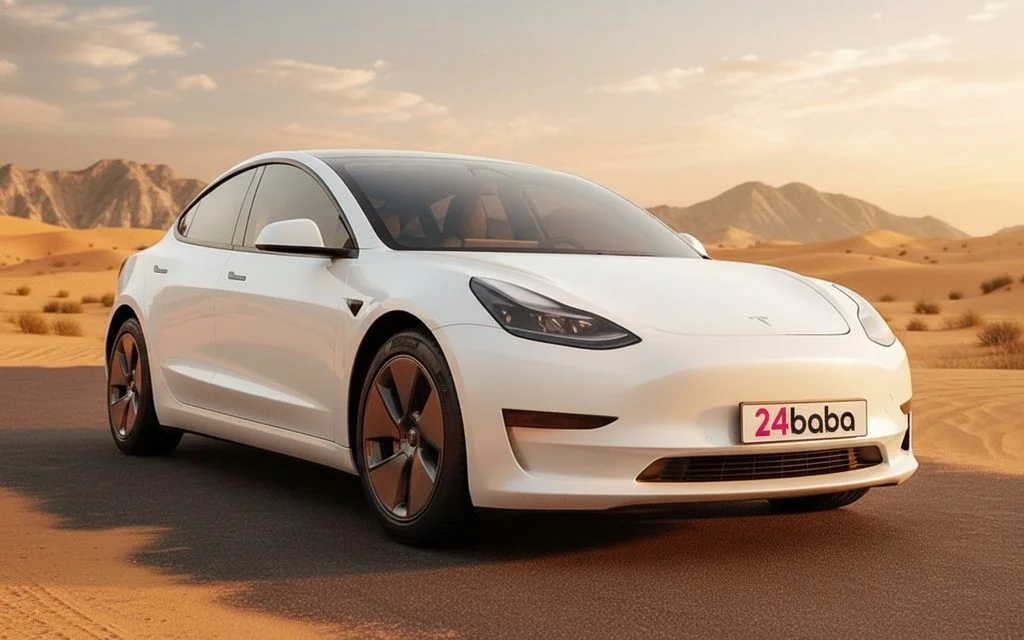 Tesla Model3 2021 White front view with headlights – rental in Dubai