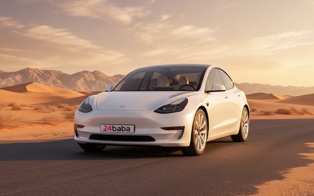 Tesla Model3 2023 White front view with headlights – rental in Dubai