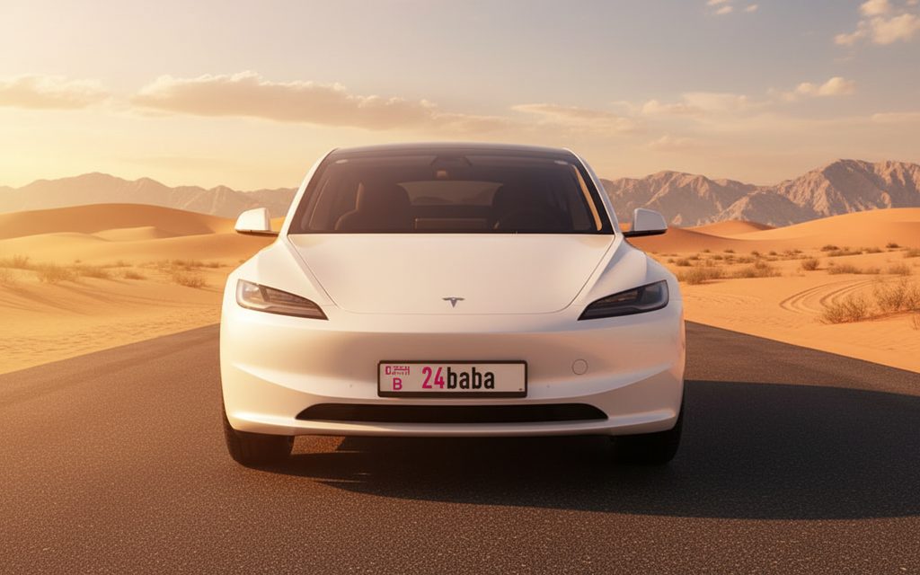 Tesla Model3 2024 White front view with headlights – rental in Dubai