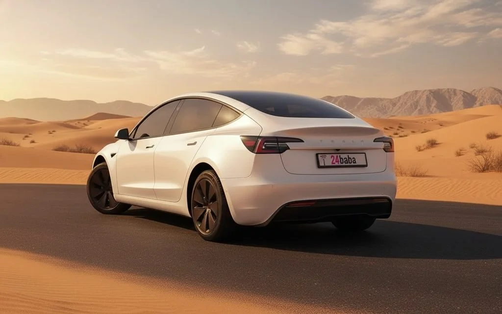 Tesla Model3 2024 White rear view showing taillights – rental in Dubai
