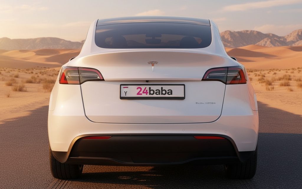 Tesla ModelY 2022 White rear view showing taillights – rental in Dubai