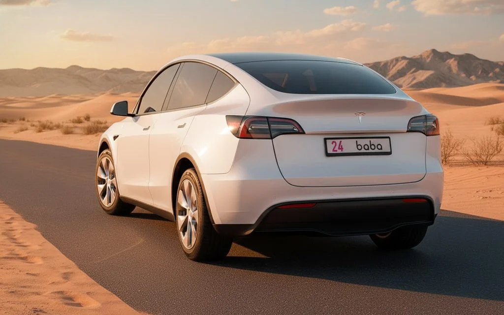 Tesla ModelY 2022 White rear view showing taillights – rental in Dubai