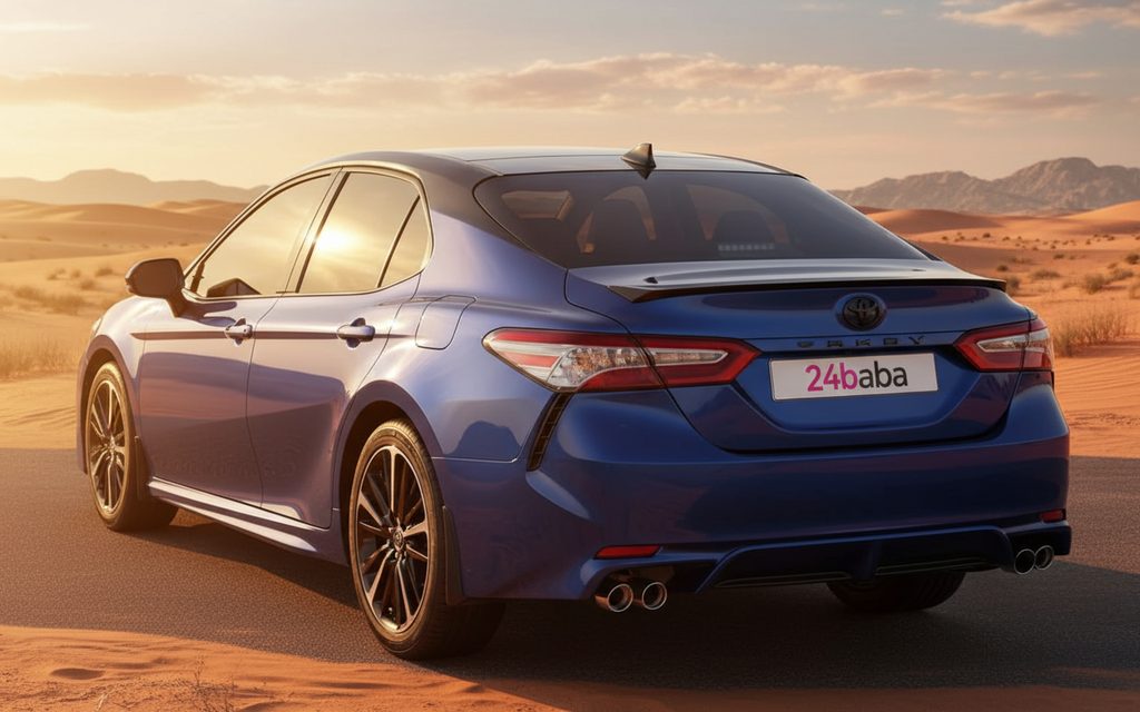 Toyota Camry 2020 Blue rear view showing taillights – rental in Dubai