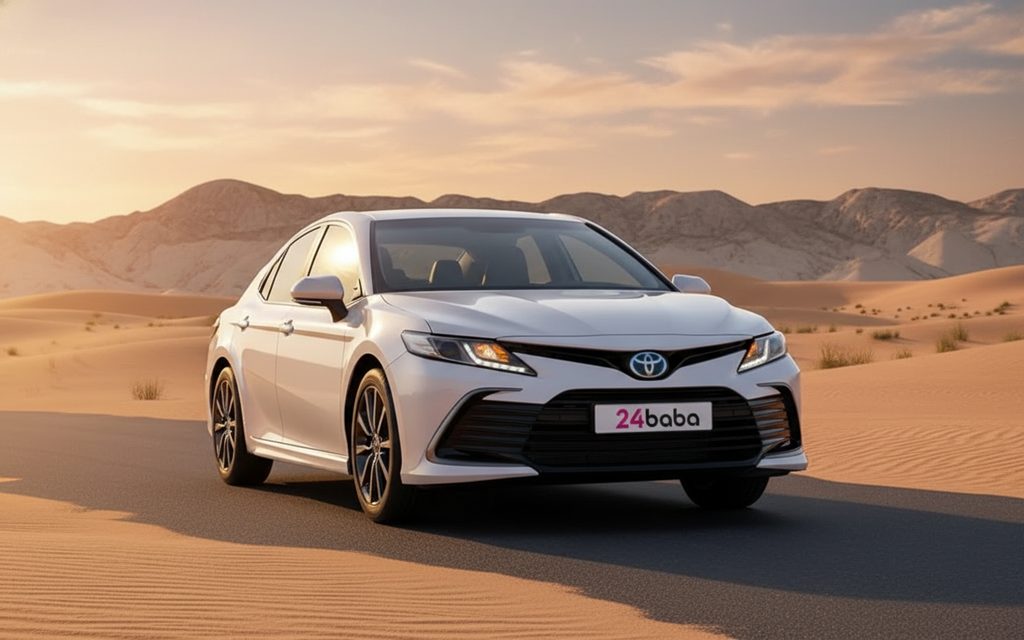 Toyota Camry 2024 White front view with headlights – rental in Dubai