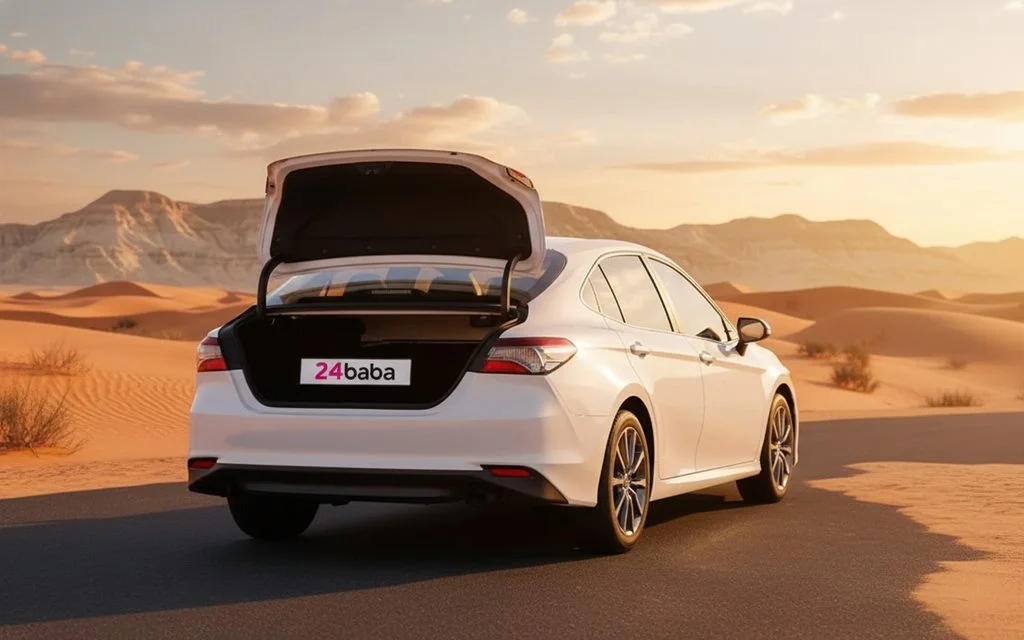 Toyota Camry 2024 White rear view showing taillights – rental in Dubai