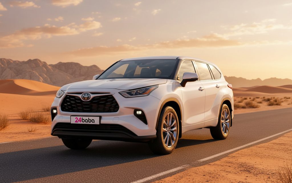 Toyota Highlander 2023 White front view with headlights – rental in Dubai