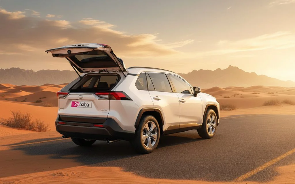 Toyota Rav4 2023 White rear view showing taillights – rental in Dubai