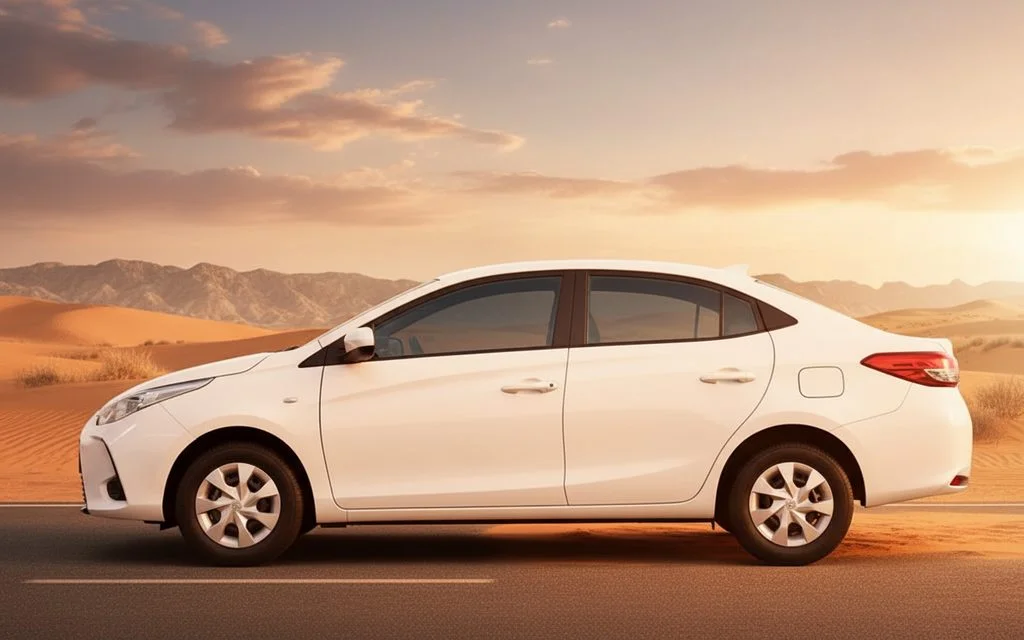 Toyota Yaris 2025 White side profile – rental in Dubai