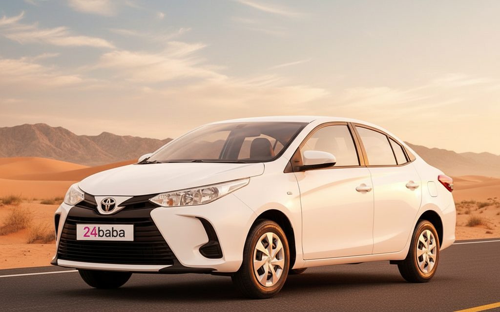 Toyota Yaris 2025 White front view with headlights – rental in Dubai