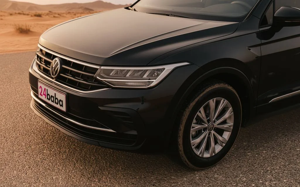 Volkswagen Tiguan 2023 Black front view with headlights – rental in Dubai
