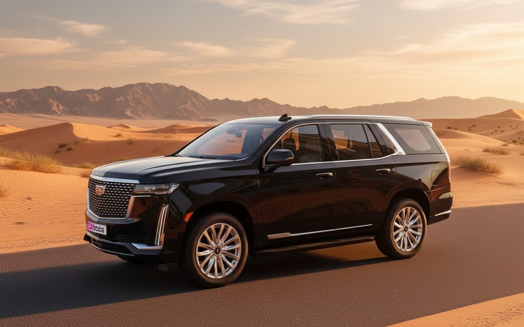 Cadillac Escalade 2021 Black front view with headlights – rental in Dubai