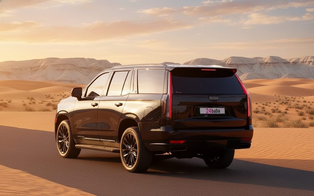 Cadillac Escalade 2022 Black rear view showing taillights – rental in Dubai