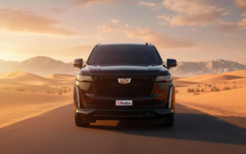 Cadillac Escalade 2023 Black front view with headlights – rental in Dubai