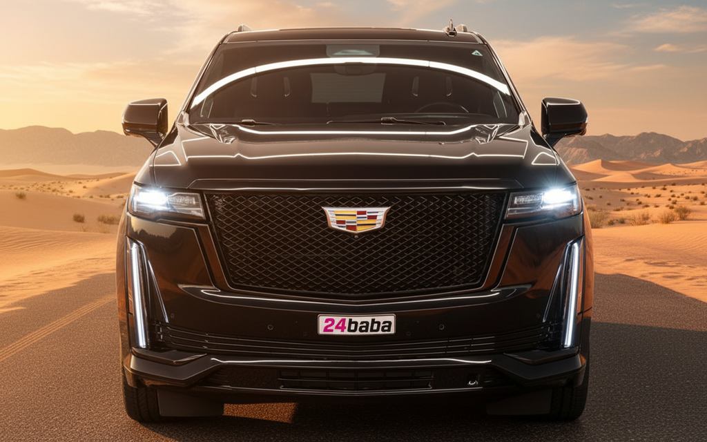 Cadillac Escalade 2023 Black front view with headlights – rental in Dubai