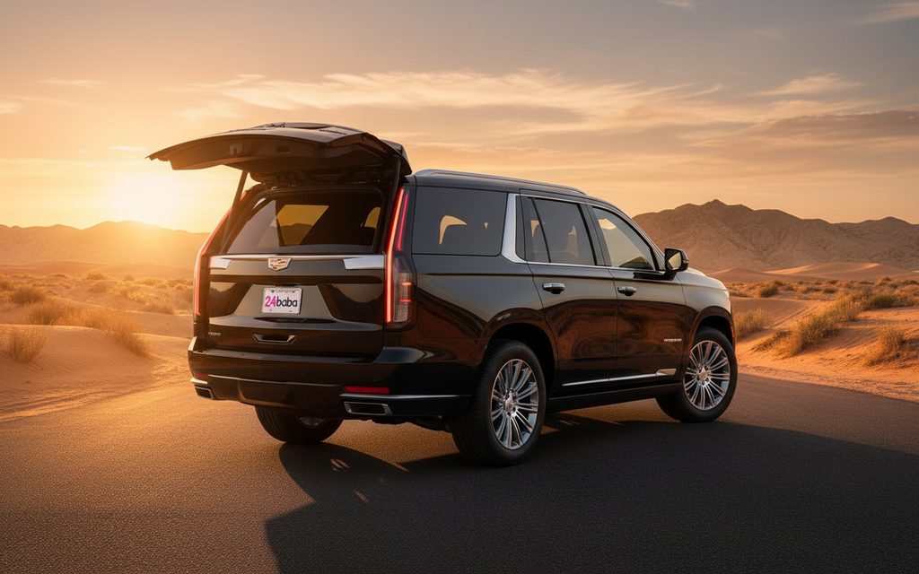 Cadillac Escalade 2023 Black rear view showing taillights – rental in Dubai