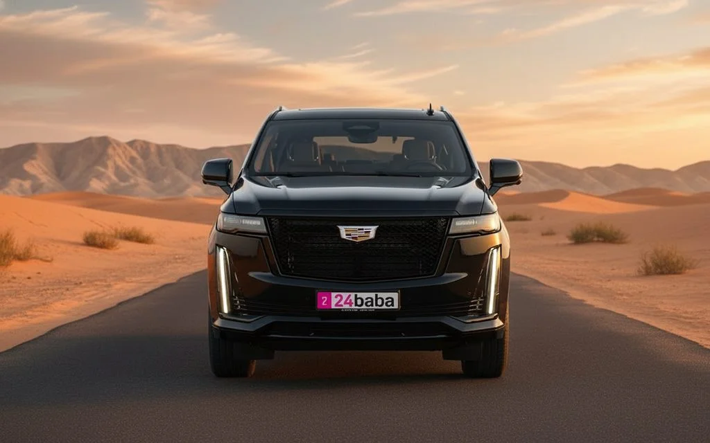 Cadillac Escalade 2023 Black front view with headlights – rental in Dubai