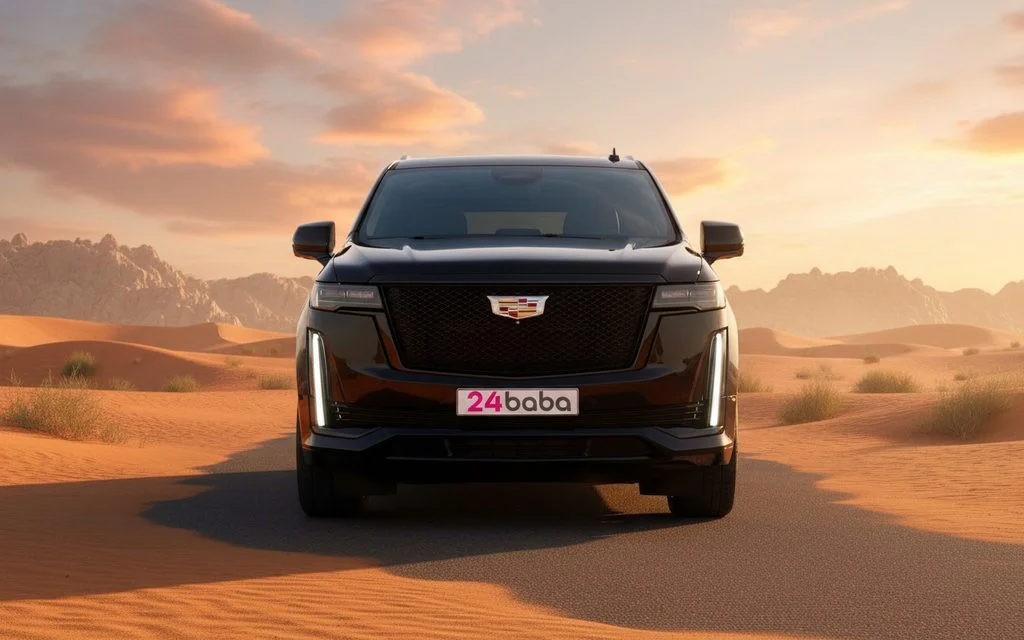 Cadillac Escalade 2024 Black front view with headlights – rental in Dubai