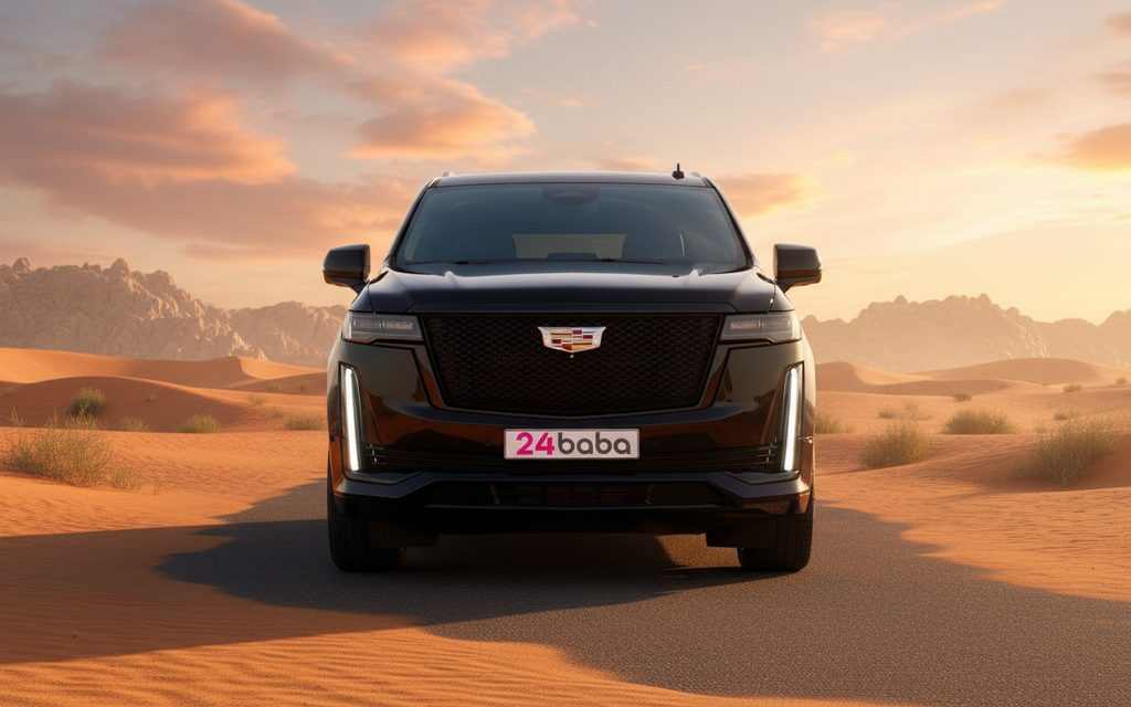 Cadillac Escalade 2024 Black front view with headlights – rental in Dubai