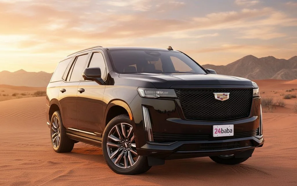 Cadillac Escalade 2024 Black front view with headlights – rental in Dubai
