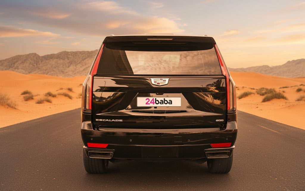 Cadillac Escalade 2024 Black rear view showing taillights – rental in Dubai