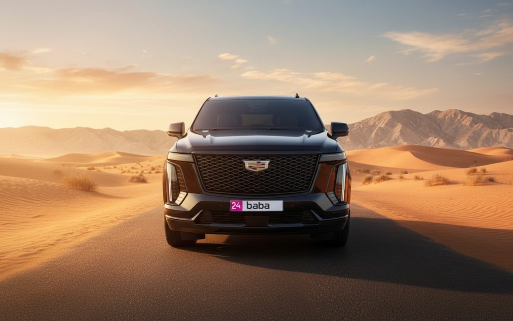 Cadillac Escalade 2025 Black front view with headlights – rental in Dubai