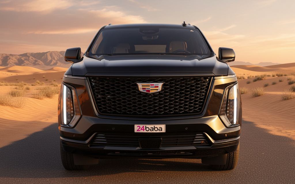 Cadillac Escalade 2025 Black front view with headlights – rental in Dubai