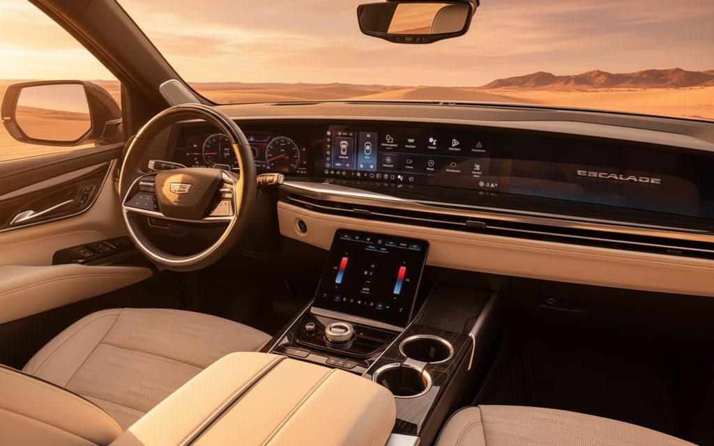 Cadillac Escalade 2025 interior view showing trim – rental in Dubai