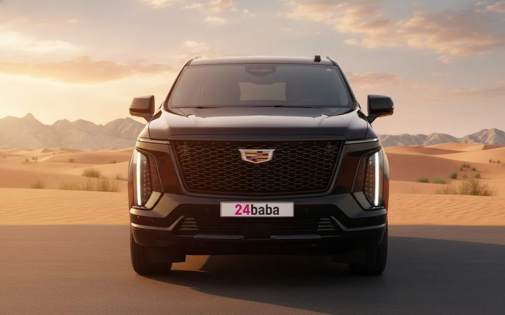 Cadillac Escalade 2025 Black front view with headlights – rental in Dubai