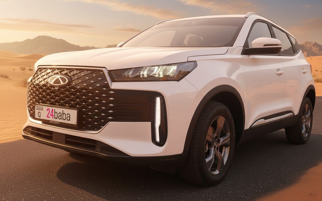 Chery Tiggo4 2025 White front view with headlights – rental in Dubai