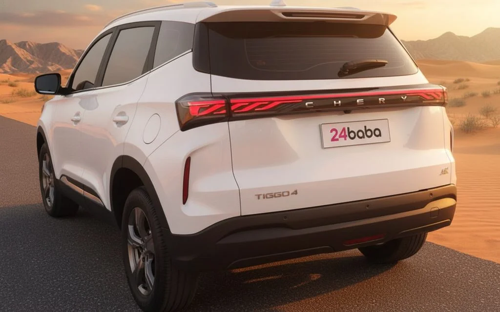 Chery Tiggo4 2025 White rear view showing taillights – rental in Dubai