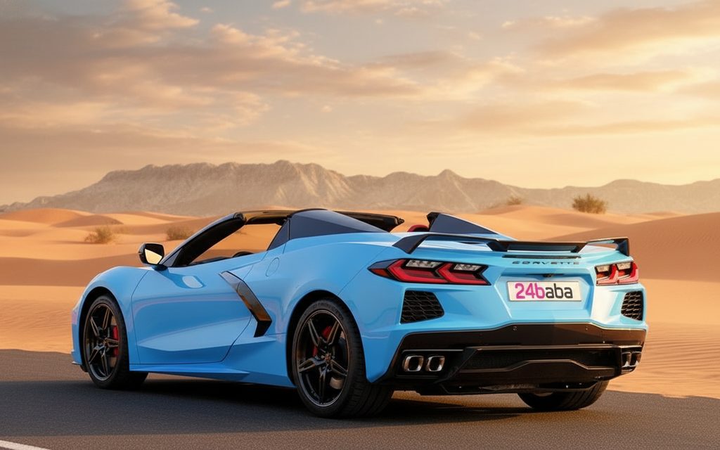 Chevrolet Corvette 2022 Blue rear view showing taillights – rental in Dubai