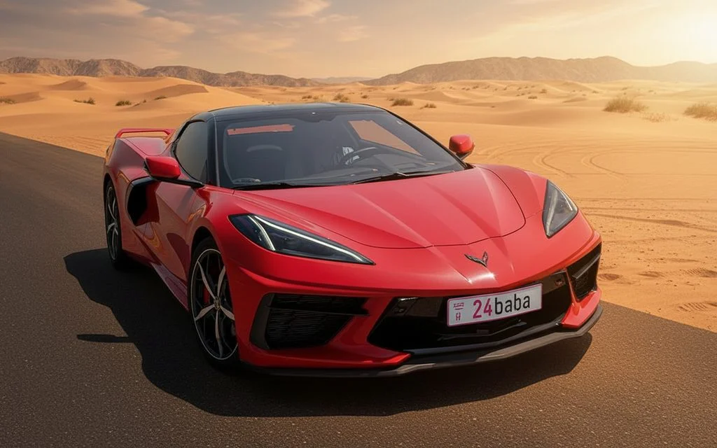 Chevrolet Corvette 2021 Red front view with headlights – rental in Dubai