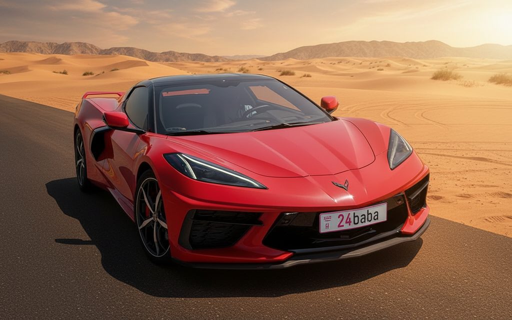 Chevrolet Corvette 2021 Red front view with headlights – rental in Dubai