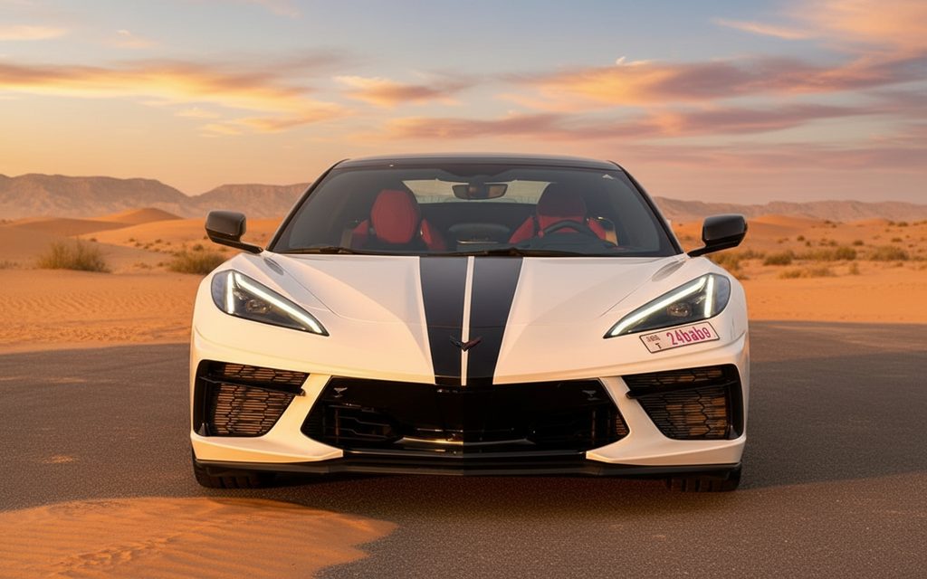 Chevrolet Corvette 2023 White front view with headlights – rental in Dubai