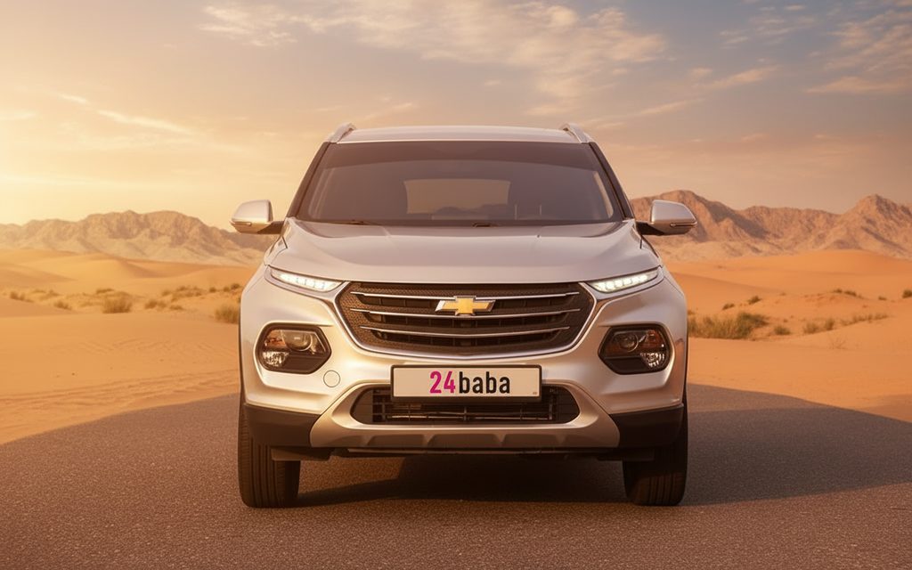 Chevrolet Groove 2024 Silver front view with headlights – rental in Dubai