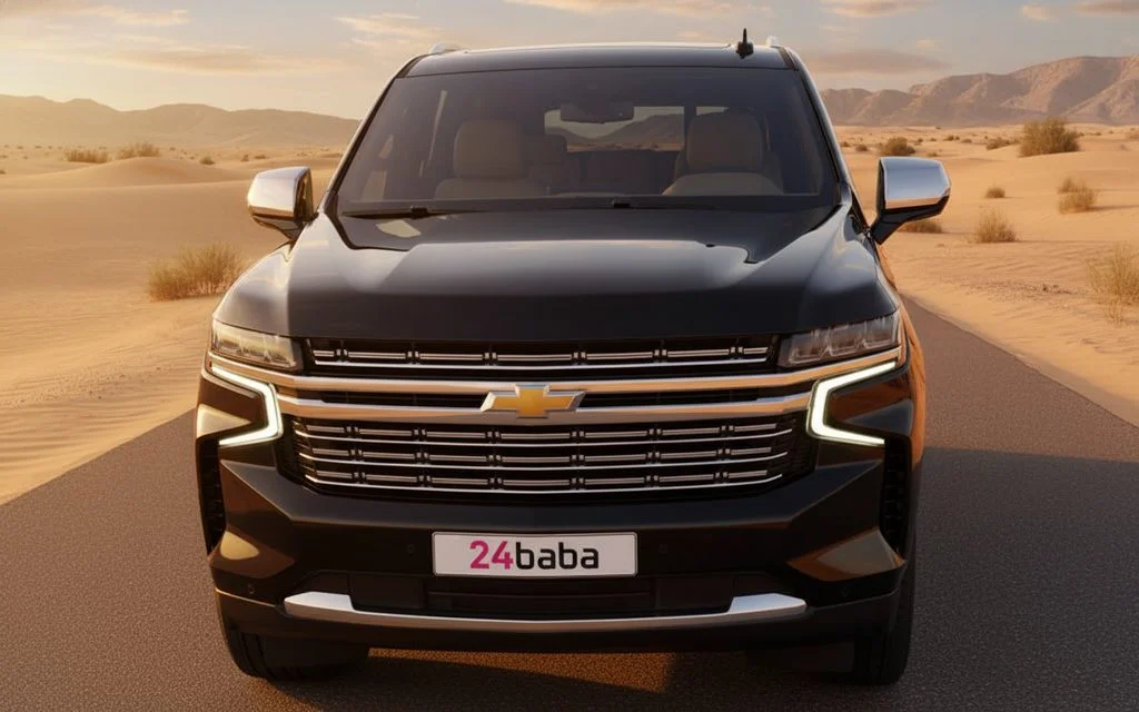 Chevrolet Tahoe 2022 Black front view with headlights – rental in Dubai