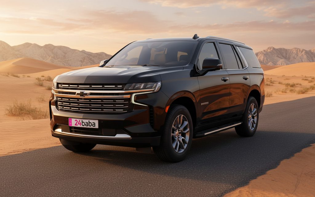 Chevrolet Tahoe 2023 Black front view with headlights – rental in Dubai