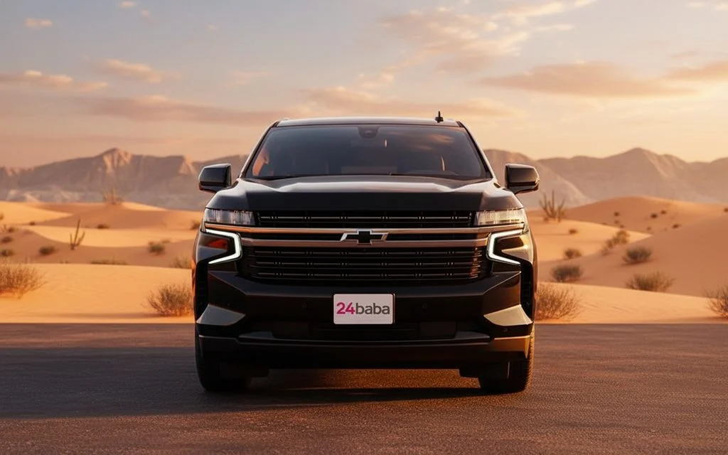 Chevrolet Tahoe 2023 Black front view with headlights – rental in Dubai