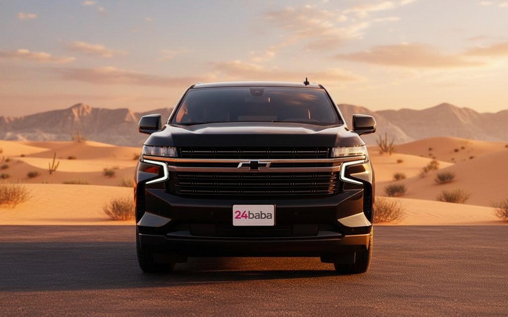 Chevrolet Tahoe 2023 Black front view with headlights – rental in Dubai