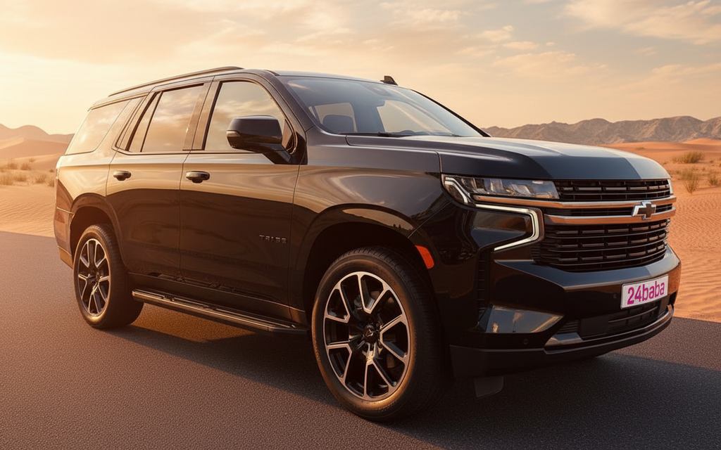 Chevrolet Tahoe 2024 Black front view with headlights – rental in Dubai