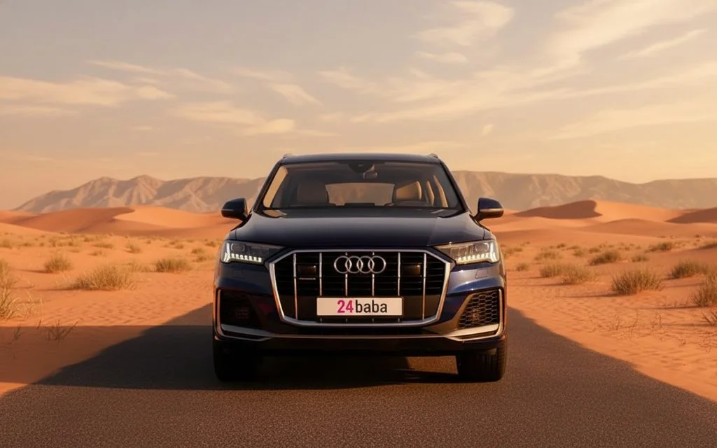 Audi Q7 2024 Blue front view with headlights – rental in Dubai