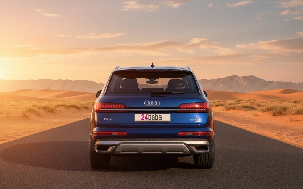 Audi Q7 2024 Blue rear view showing taillights – rental in Dubai