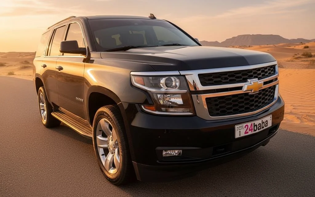 Chevrolet Tahoe 2025 Black front view with headlights – rental in Dubai