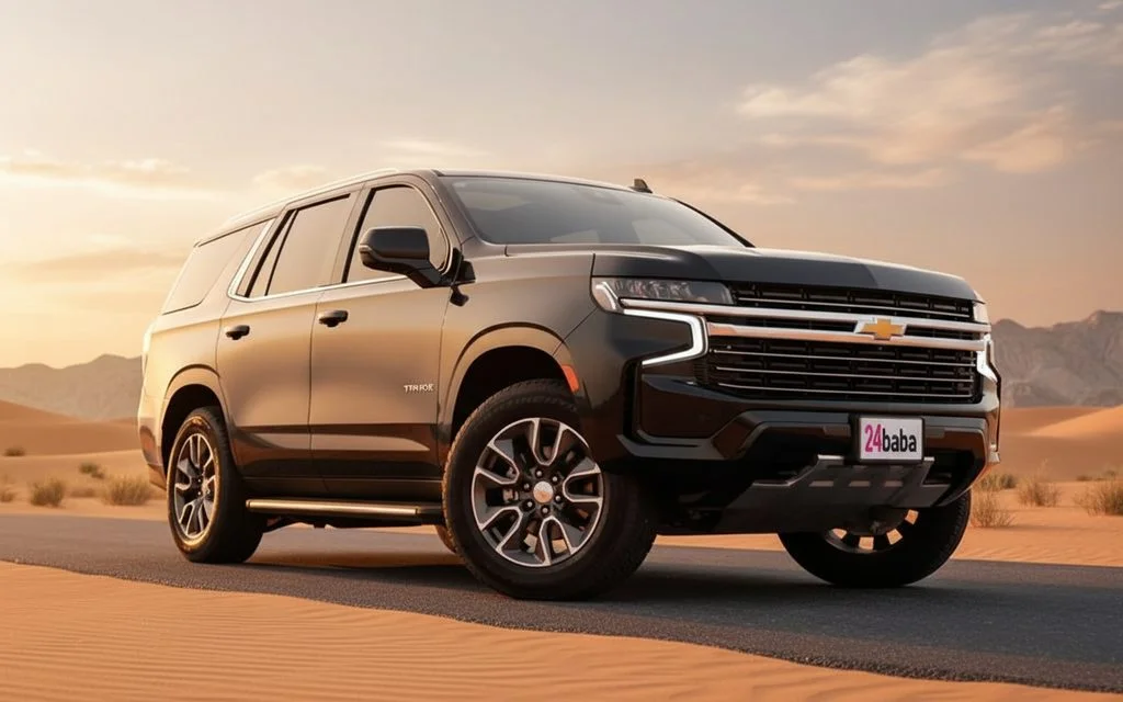 Chevrolet Tahoe 2025 Black front view with headlights – rental in Dubai