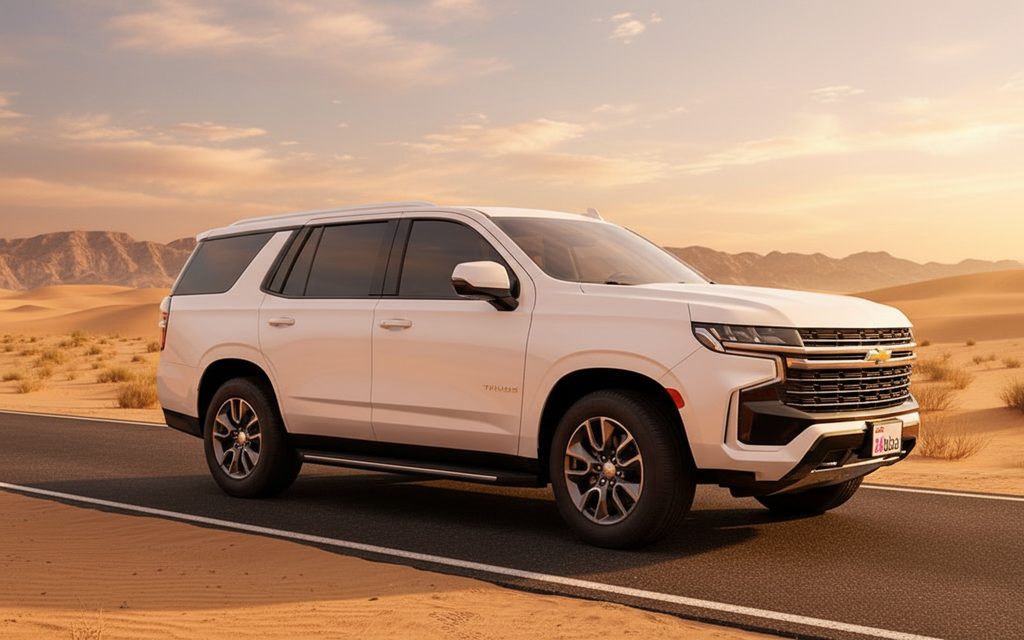 Chevrolet Tahoe 2023 White front view with headlights – rental in Dubai