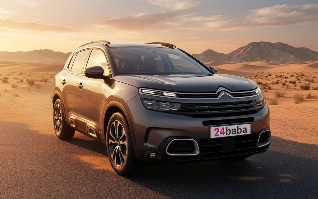 Citroen C5 2022 Grey front view with headlights – rental in Dubai