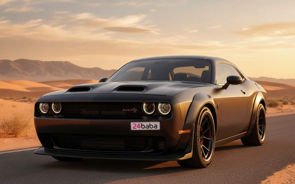 Dodge Challenger 2022 Black front view with headlights – rental in Dubai