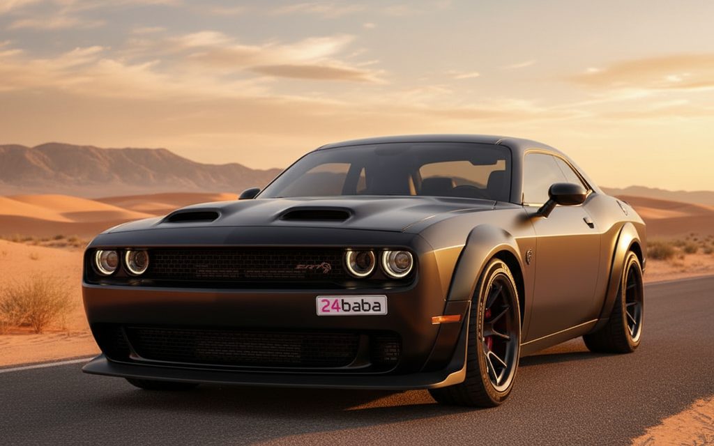 Dodge Challenger 2022 Black front view with headlights – rental in Dubai